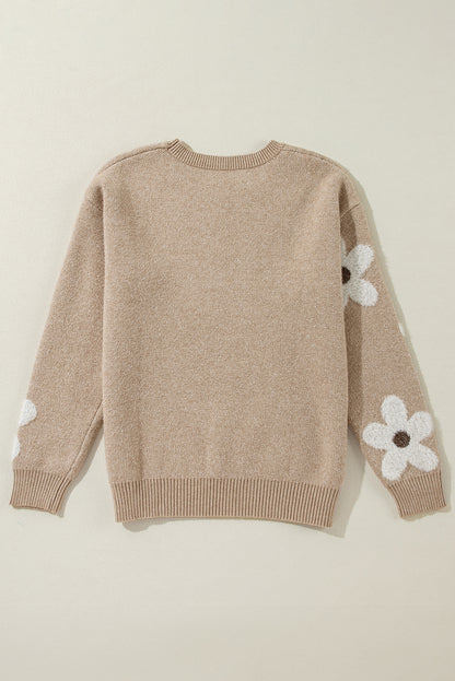 Flower Pattern Ribbed Trim Crew Neck Sweater | Parchment