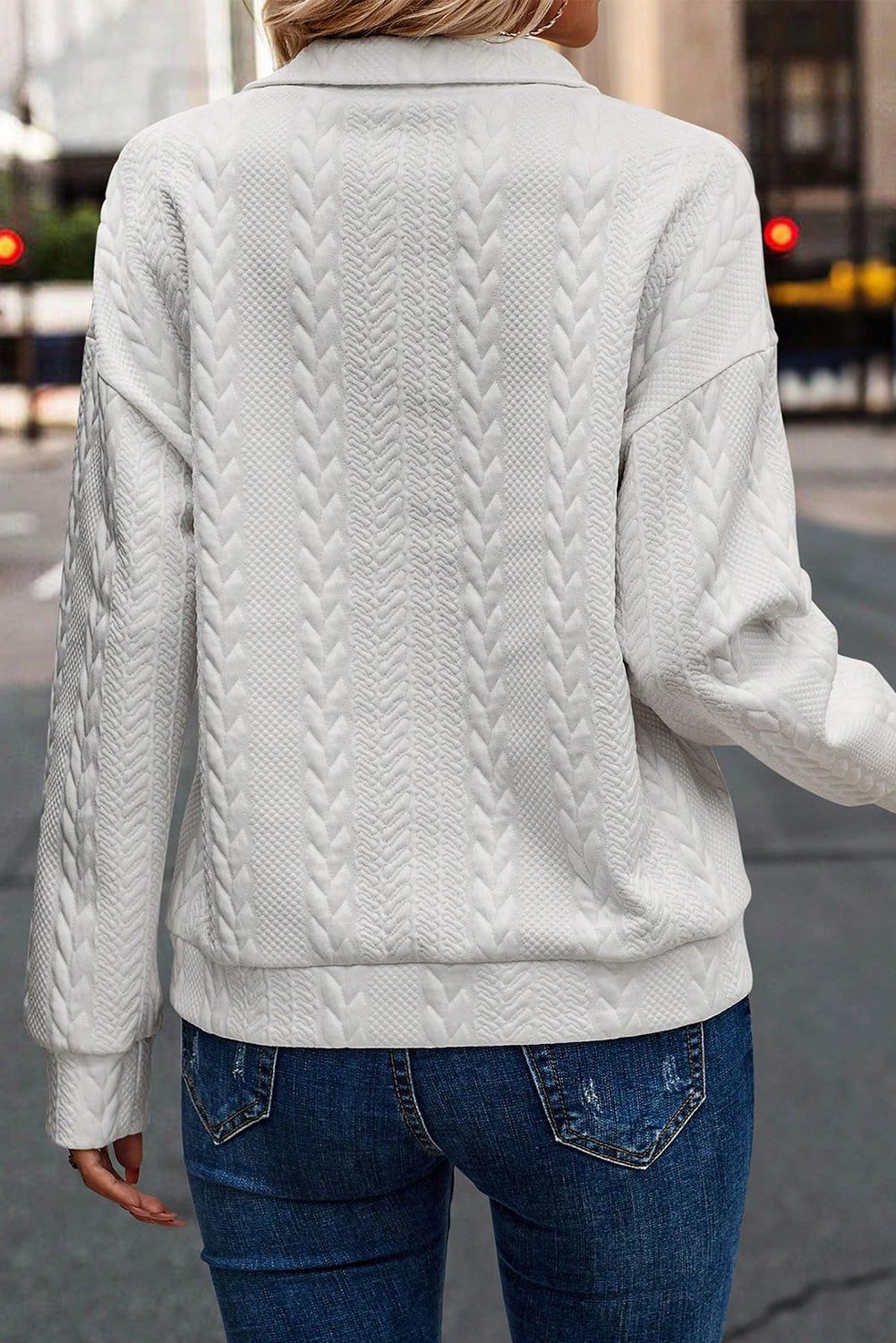 Zip Up Cable Textured Sweatshirt | White