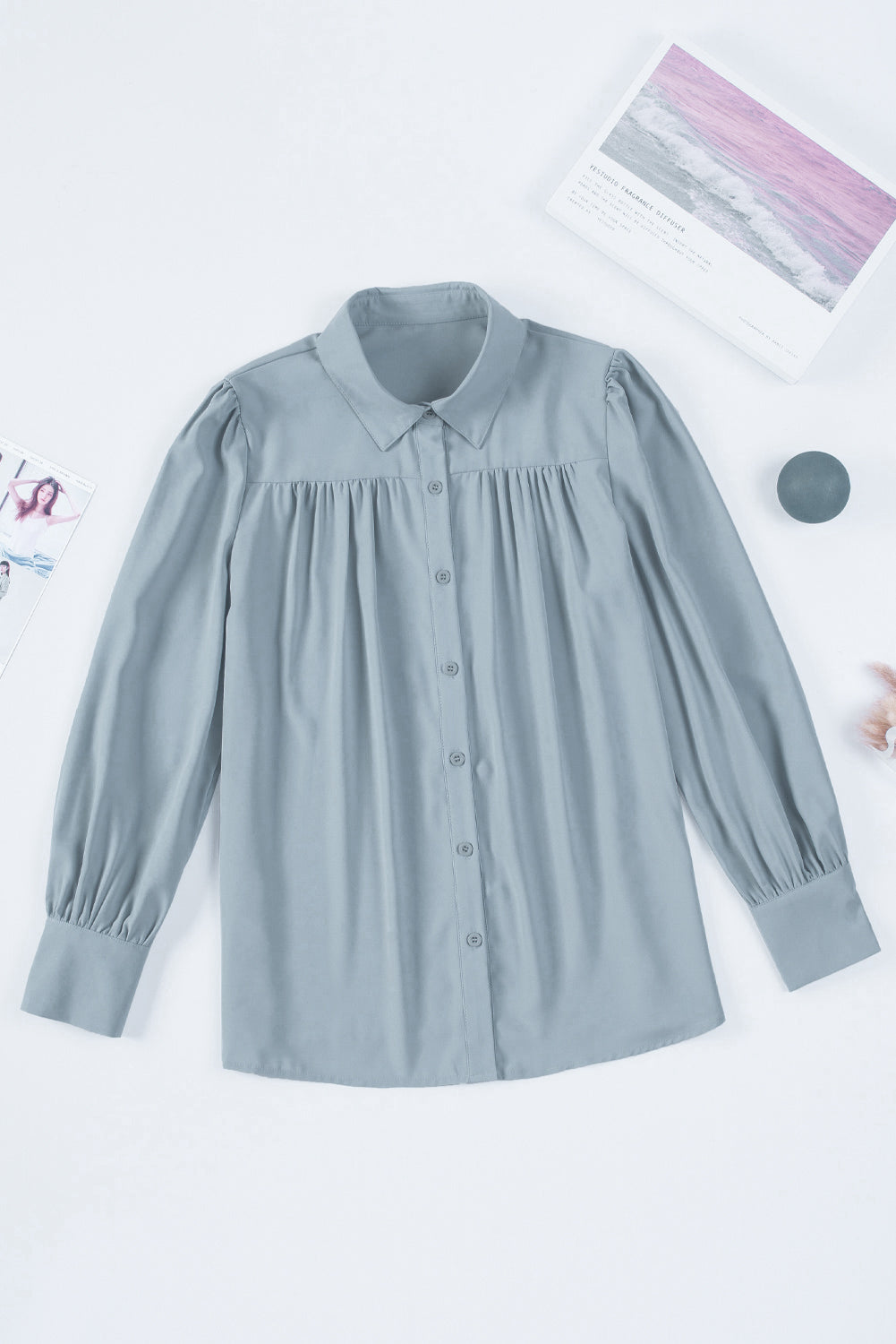 Solid Colour Button Up Puff Sleeve Blouse | Sky Blue