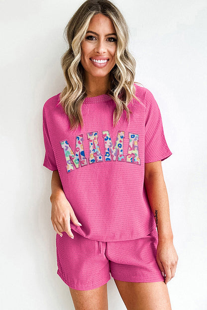 Mama Embroidered Leopard Letters Waffle Short Set | Rose Red