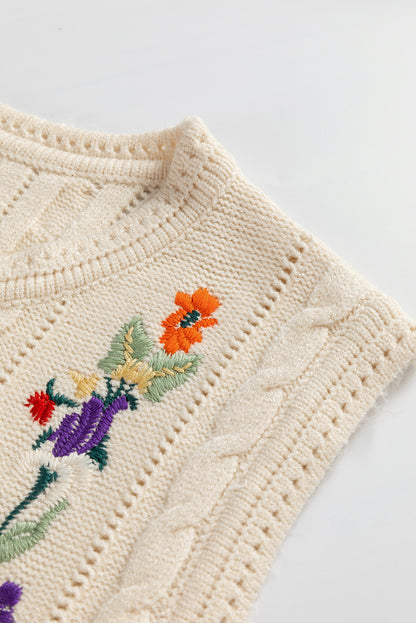 Embroidered Floral Cable Knit Sweater Vest | Jet Stream