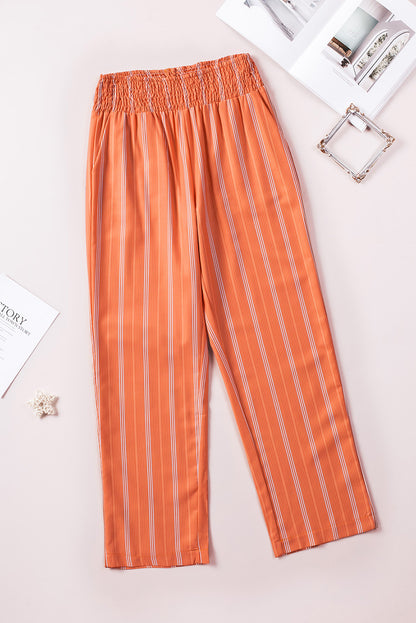 Striped Shirred High Waist Straight Leg Pants | Orange