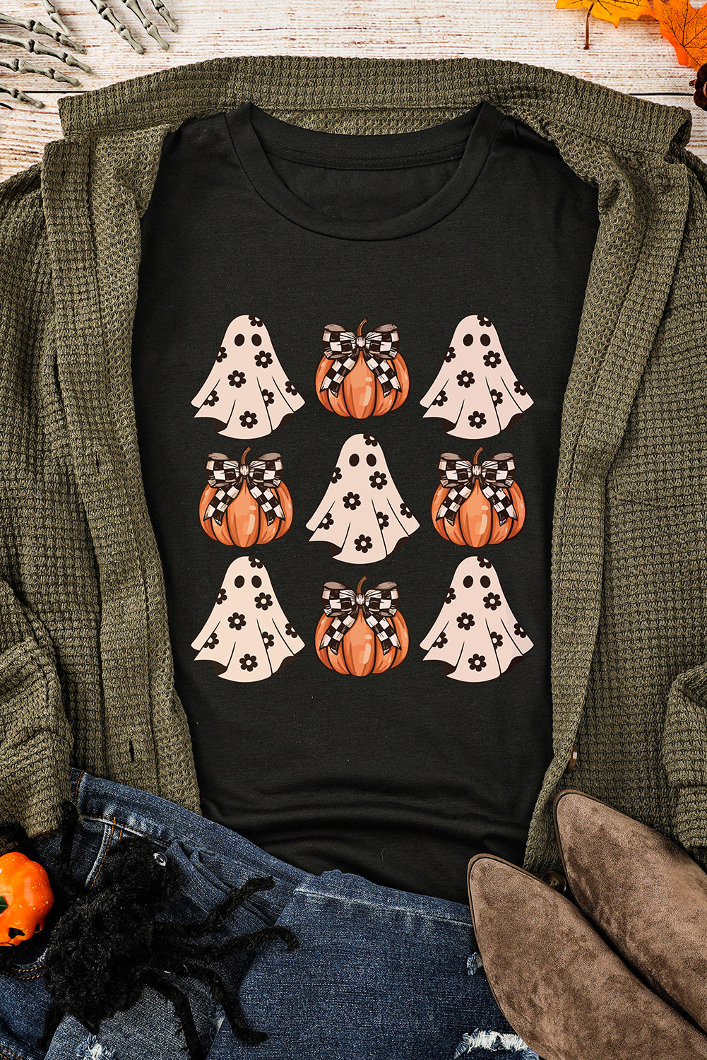 Halloween Ghost Pumpkin Print Crew Neck T Shirt | Black