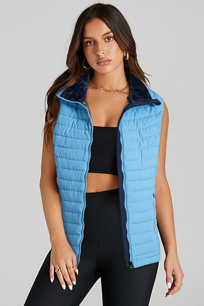 Plush Collared Quilted Zipped Puffer Vest | Sky Blue