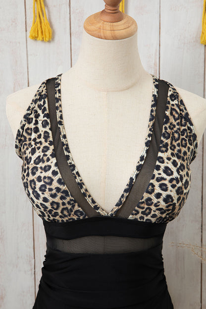 Leopard Mesh Insert V Neck High Waist Monokini | Brown