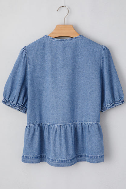 Tied Front Bubble Sleeve Peplum Denim Shirt | Dusk Blue