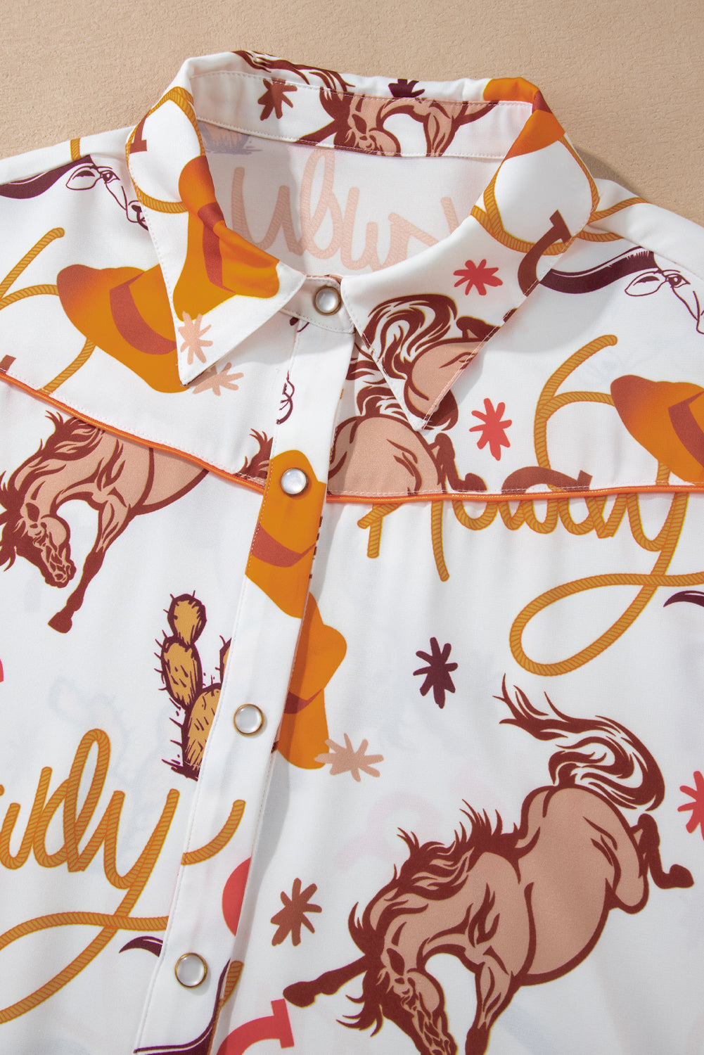 Howdy Western Patterns Button Up Loose Shirt | Beige