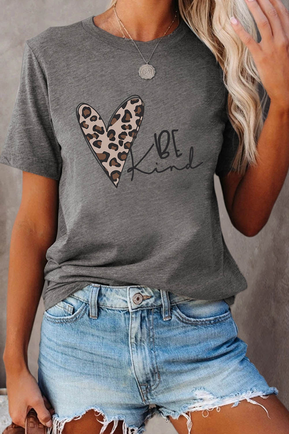 Leopard Heart Be Kind Graphic Tee | Gray