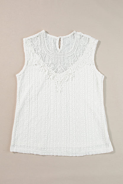 Guipure Lace Crochet Keyhole Back Tank Top | White