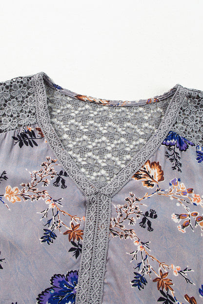 Floral Print Lace Patchwork Knot Front V Neck Blouse | Sky Blue