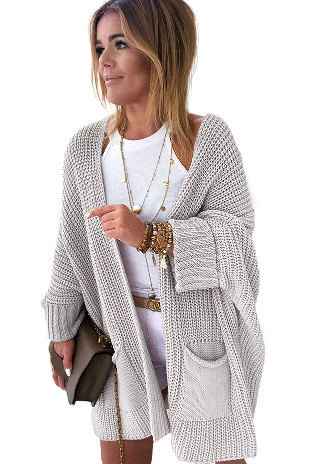 Oversized Fold Over Sleeve Open Front Cardigan | Gray