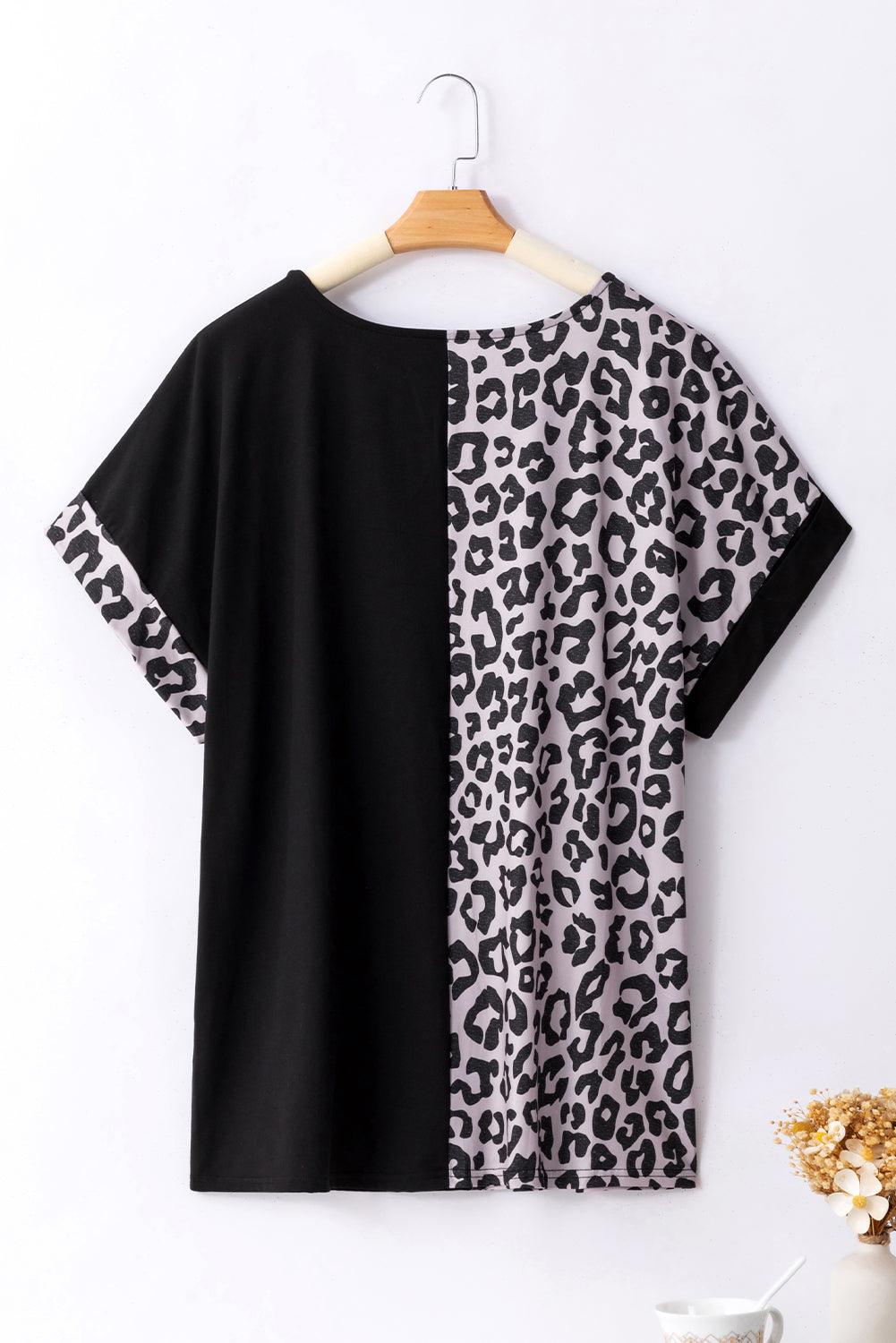 Half Leopard Patchwork Plus Size T-Shirt | Black