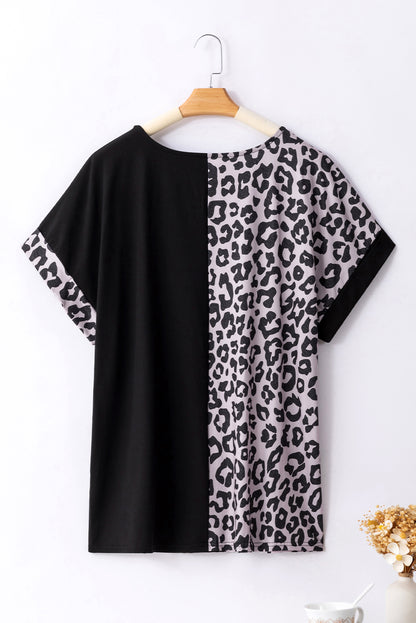 Half Leopard Patchwork Plus Size T-Shirt | Black