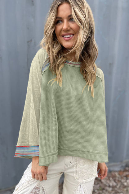 Waffle Knit Wide Bracelet Sleeve Patchwork Raglan Top | Meadow Mist Green