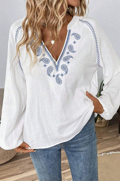 Paisley Embroidered Textured Split Neck Long Puff Sleeve Blouse | White