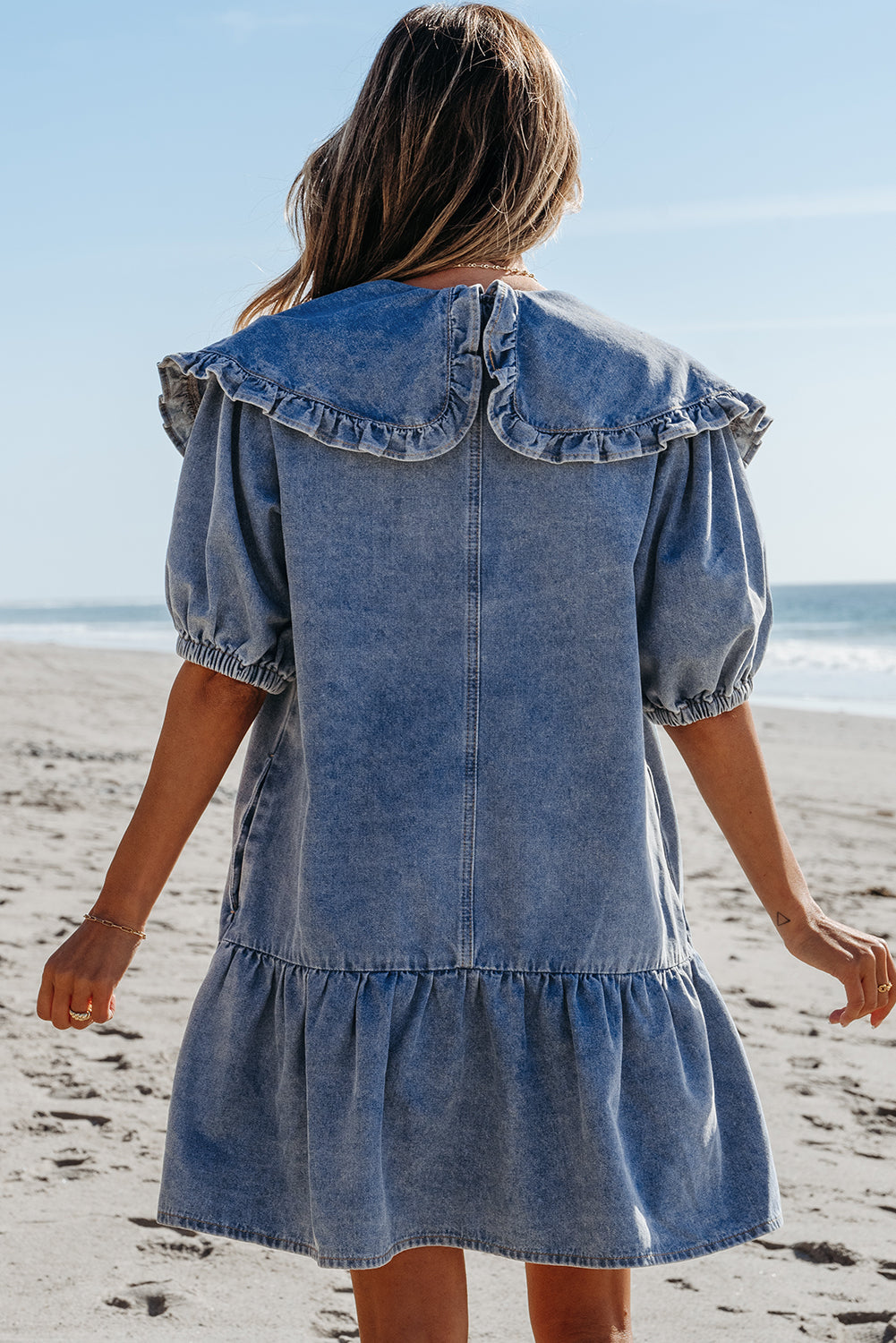 Ruffled Collared Side Pockets Puff Sleeve Denim Mini Dress | Dusk Blue