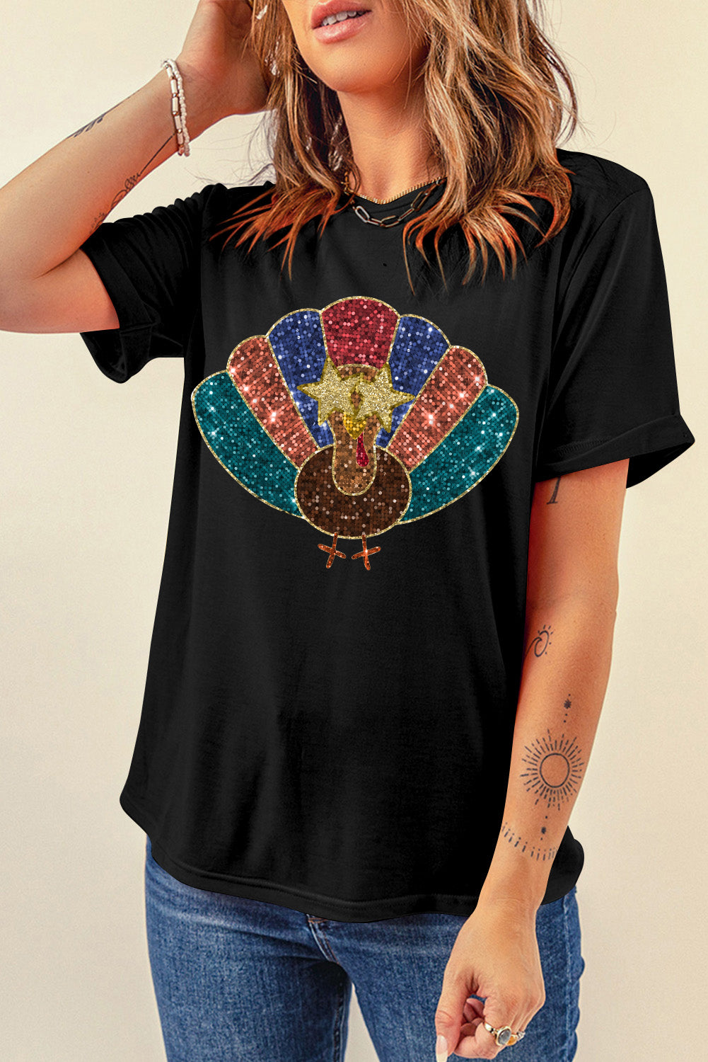 Glitter Turkey Heat Transfer Printing Thanksgiving T Shirt | Black