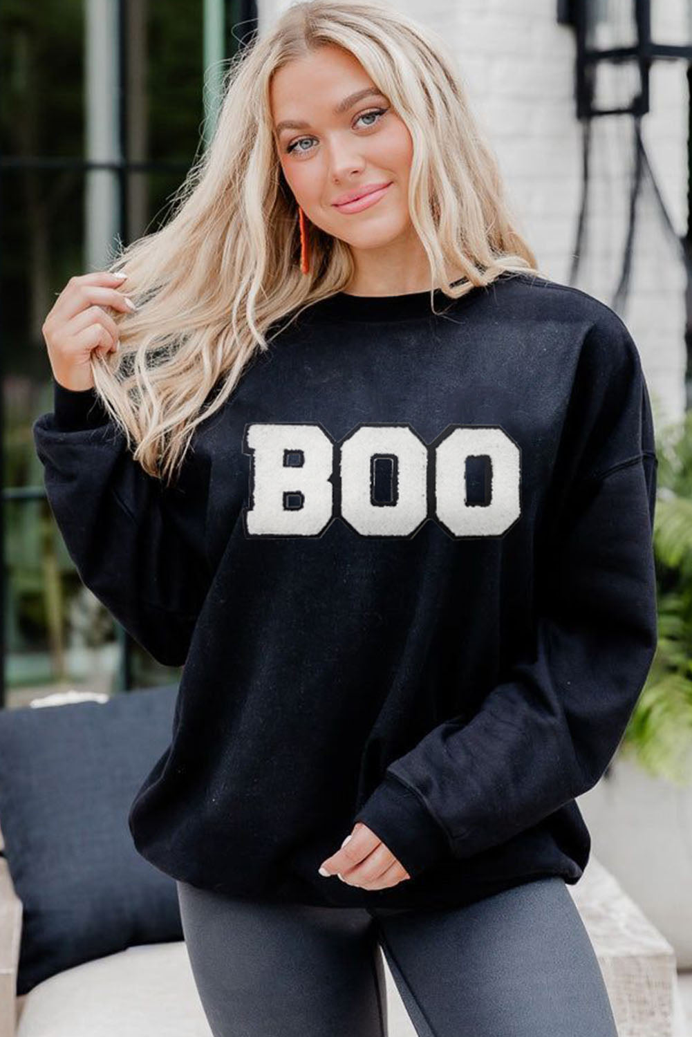 Chenille Boo Patched Pattern Crewneck Halloween Sweatshirt | Black