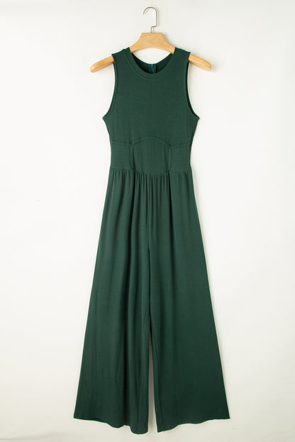 Cinched Waist Sleeveless Wide Leg Jumpsuit | Blackish Green