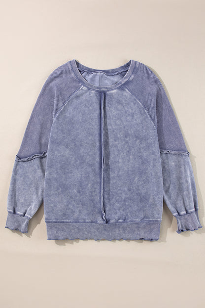 Solid Waffle Knit Patchwork Raglan Sleeve Sweatshirt | Sail Blue