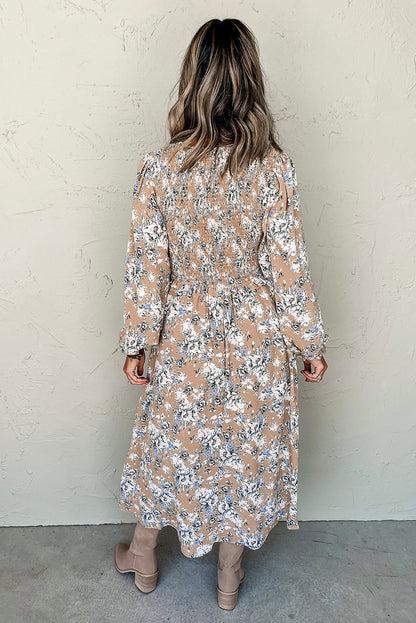 Maple Grove Floral Smocked Puff Sleeve Long Dress | Khaki