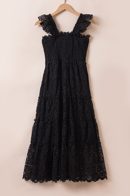 Lace Smocked Bodice Sleeveless Midi Dress | Black