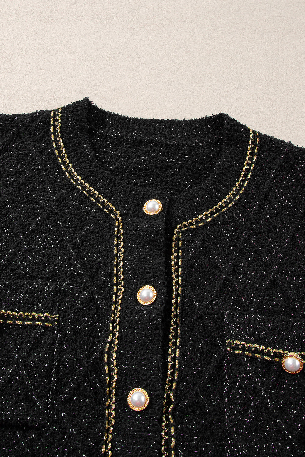 Shimmer Flap Pocket Button Up Cardigan | Black