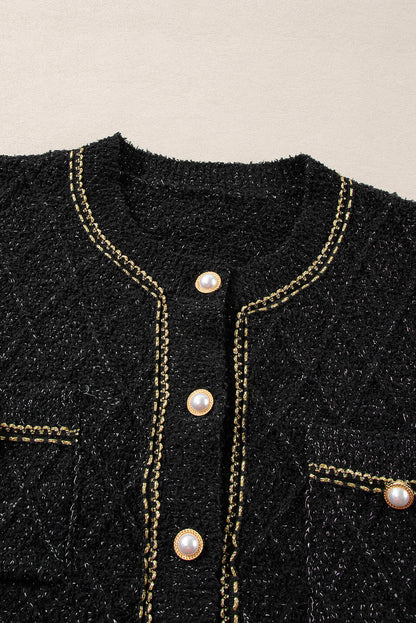 Shimmer Flap Pocket Button Up Cardigan | Black