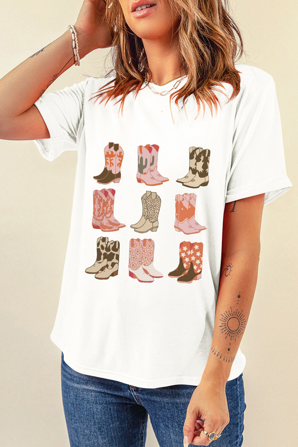 Western Cowboy Boots Print Round Neck T Shirt | White