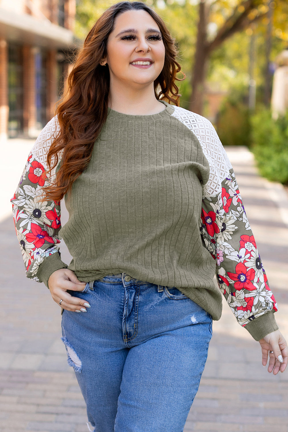 Plus Size Textured Floral Patchwork Raglan Sleeve Blouse | Vineyard Green