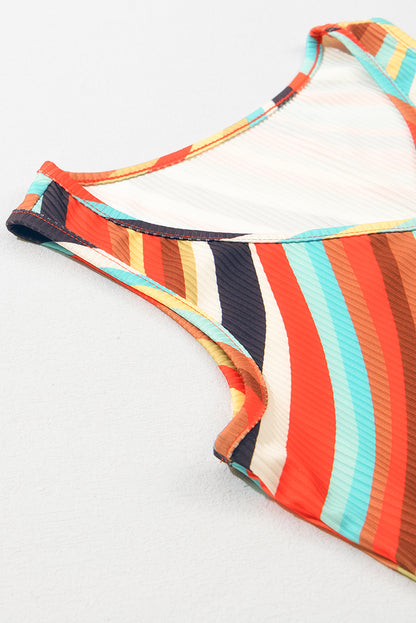 Wavy Striped Buttoned V Neck Tank Top | Multicolour