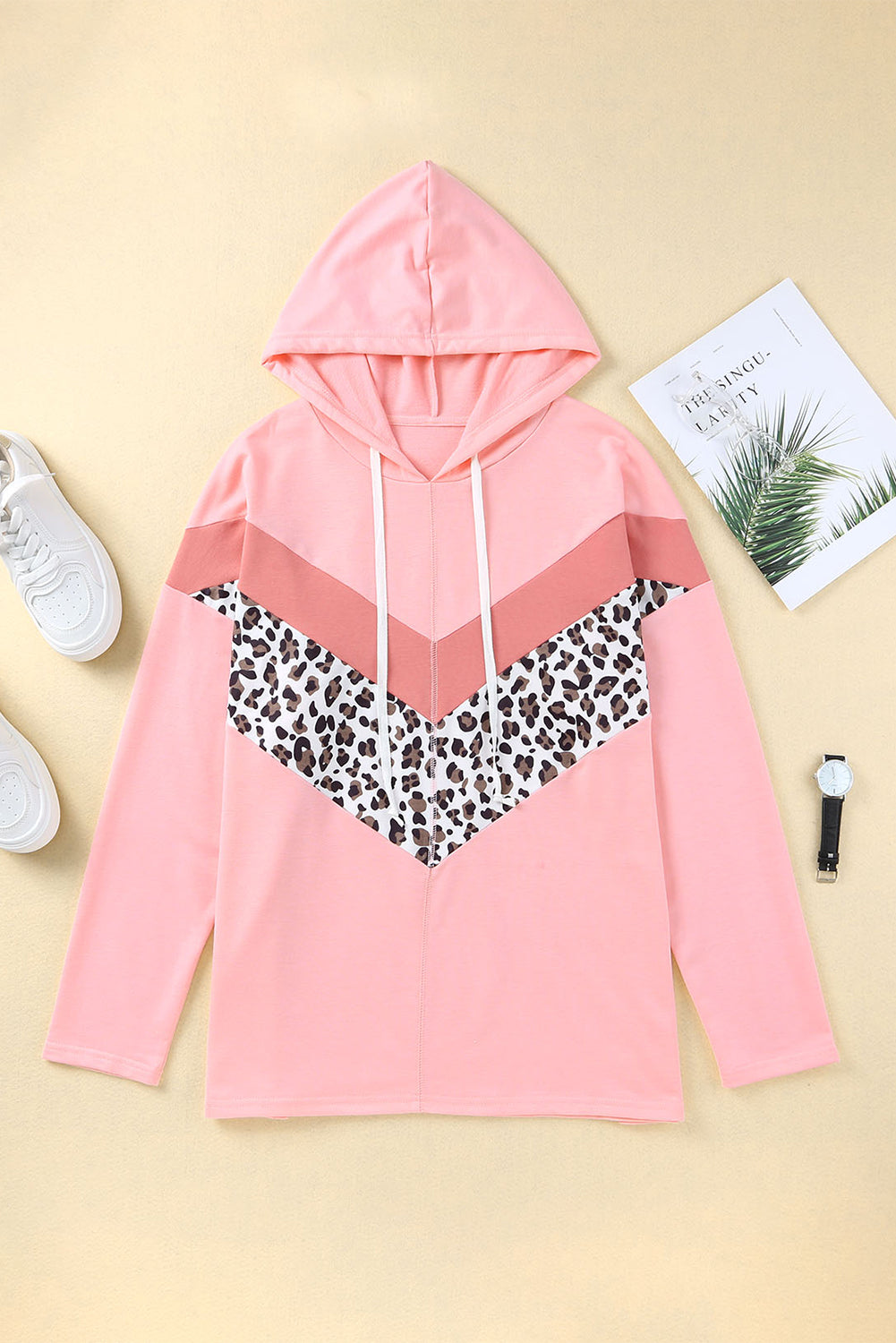 Plus Size Taupe Chevron Hooded Top | Pink