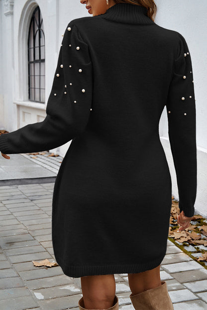 Pearl Beaded High Neck Bodycon Sweater Dress | Black