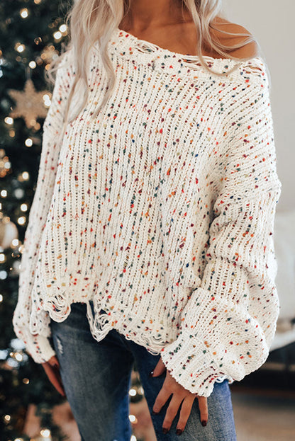 Colourful Confetti Distressed Knit Sweater | White