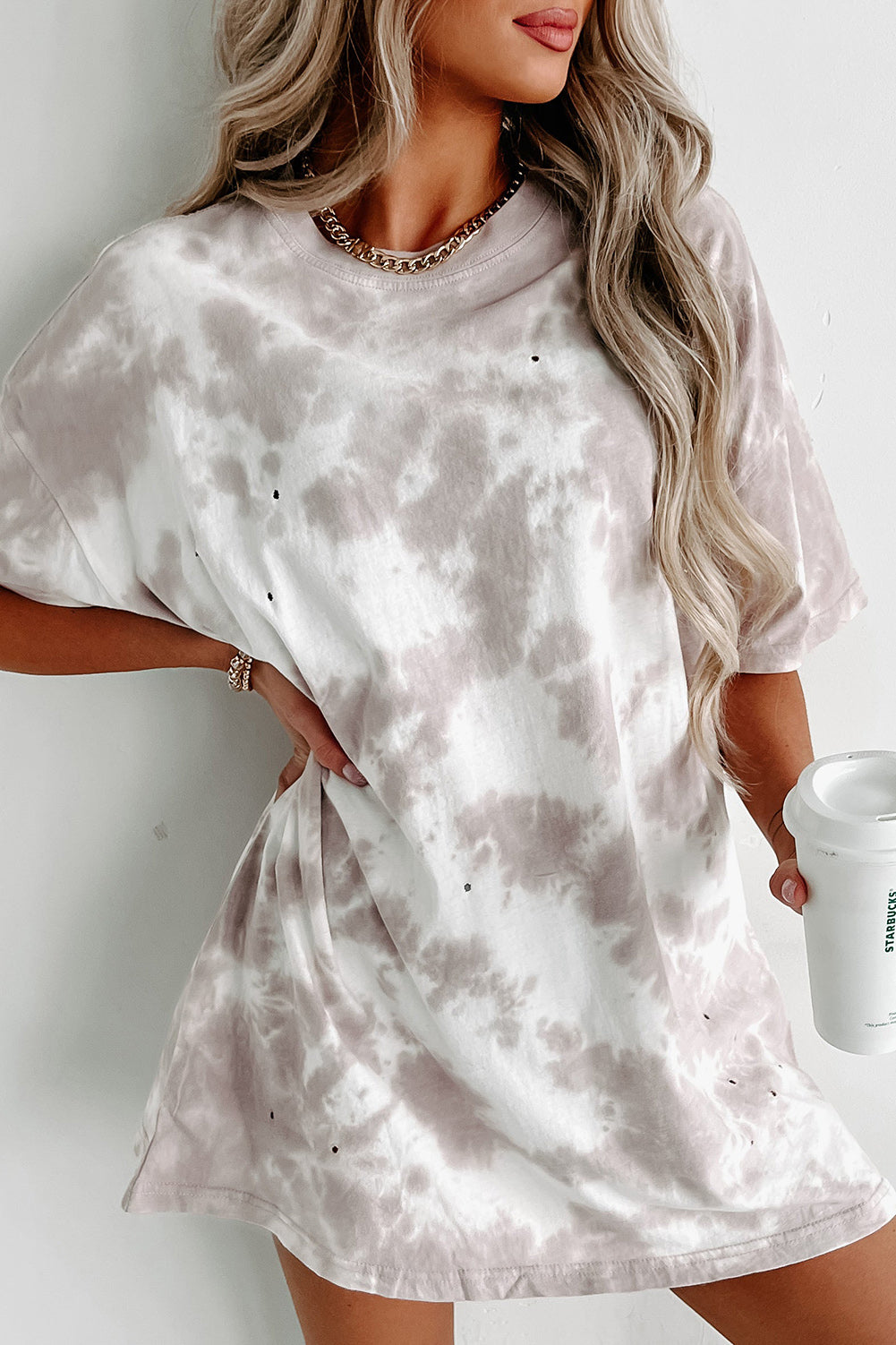 Tie-Dye Round Neck Short Sleeve Top | White