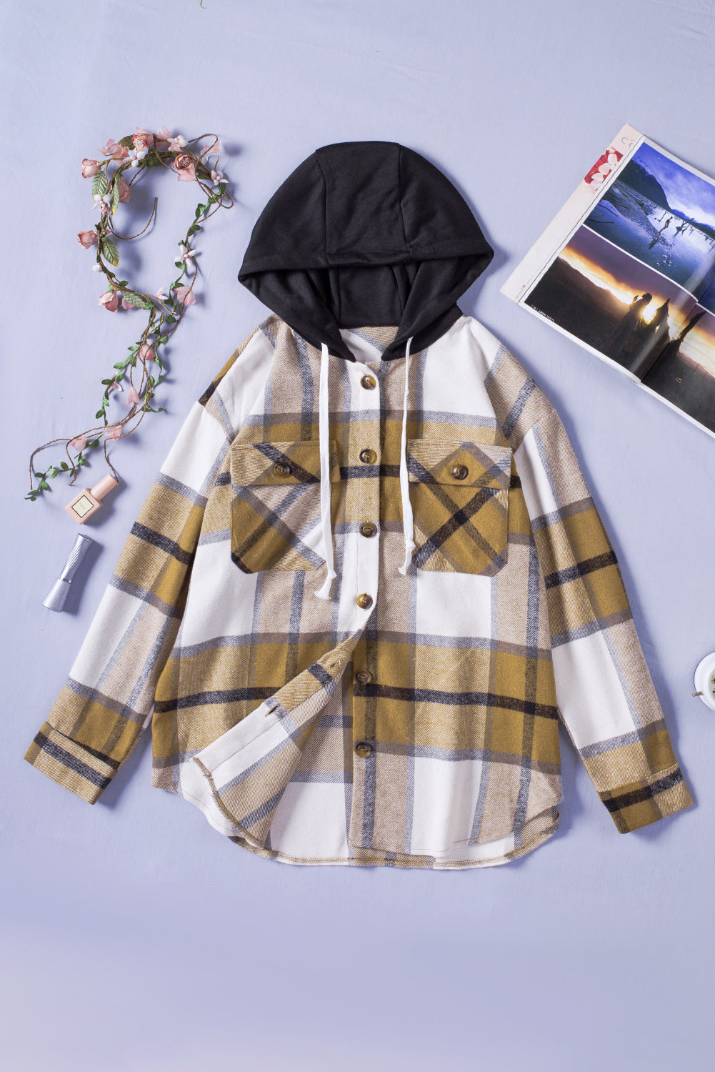 Plaid Button-Up Pocket Hooded Shirt Jacket | White