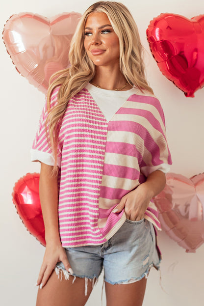 Patchwork Textured Short Sleeve High Low Loose Top | Pink Stripe