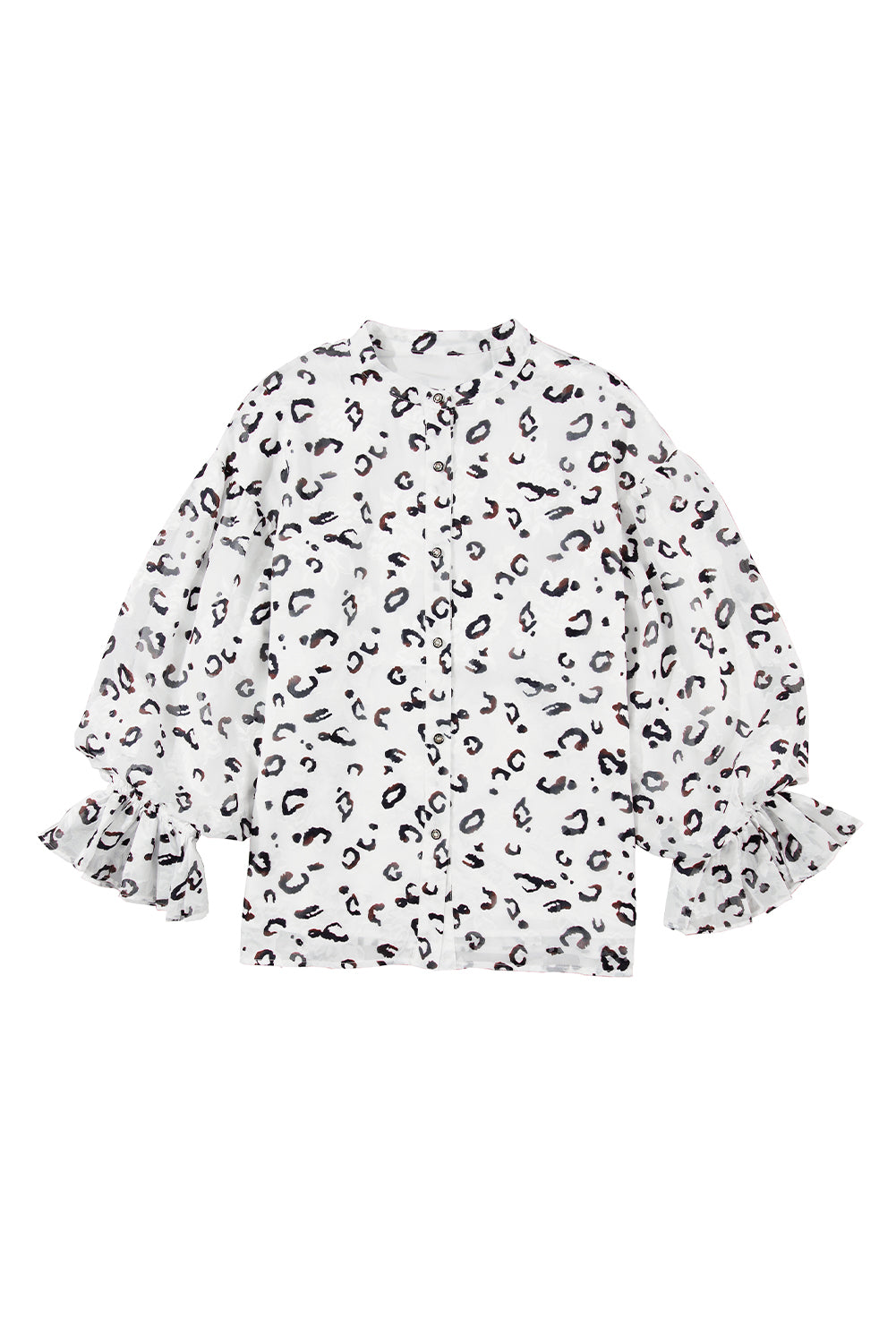 Leopard Print Button Up Ruffled Sleeve Shirt | White