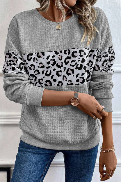 Leopard Quilted Patchwork Crew Neck Sweatshirt | Gray