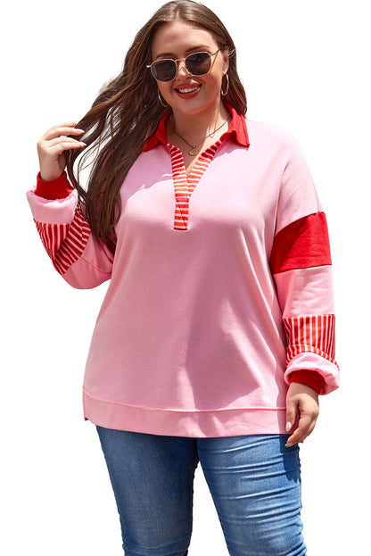 Striped Patchwork Side Split Collared Plus Size Sweatshirt | Rose