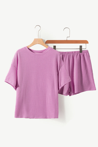 Ribbed Textured Knit Loose Fit Tee And Shorts Set | Phalaenopsis