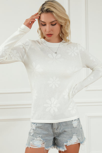 Flower Knit Long Sleeve Sweater | White