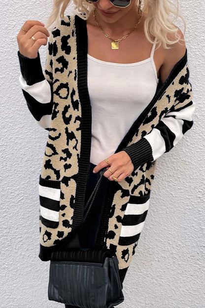 Stripe Sleeve Leopard Print Open Front Cardigan With Pockets | Black