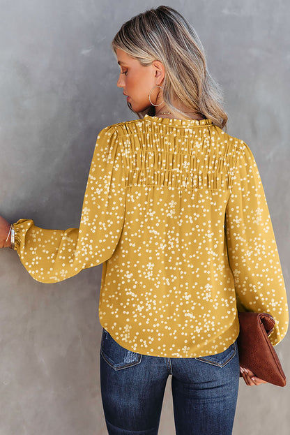 Split Neck Fall Printed Crinkled Blouse | Yellow