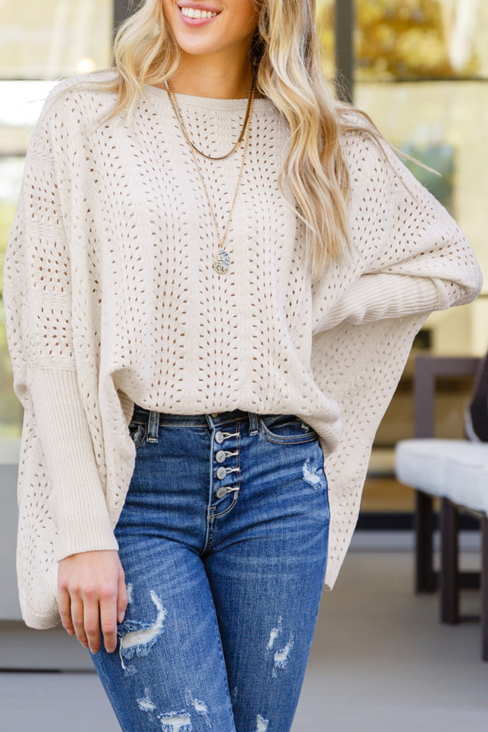 Ribbed Hollow Knit Dolman Sleeve Sweater | Beige