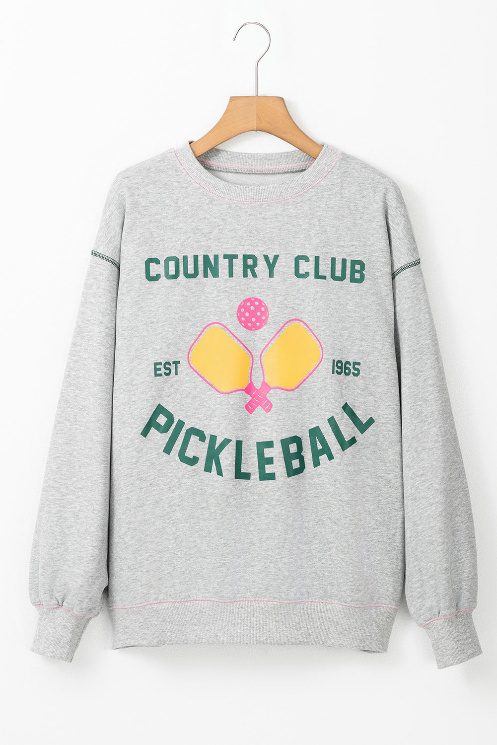 Country Club Pickleball Graphic Exposed Stitching Casual Sweatshirt | Light Grey