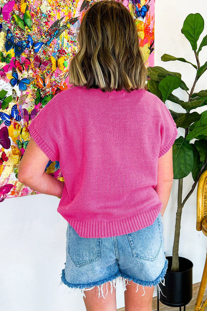 Flower Embroidery Short Sleeve Knitwear Top | Bright Pink