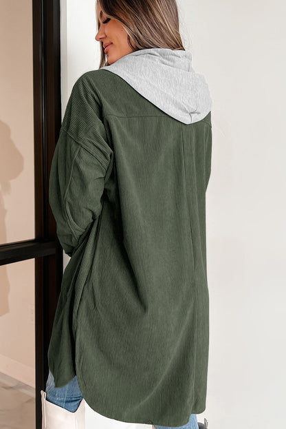 Oversized Corduroy Contrast Hooded Shacket | Jungle Green