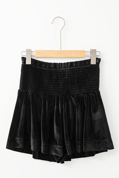 Smocked High Waist Velvet Shorts | Black