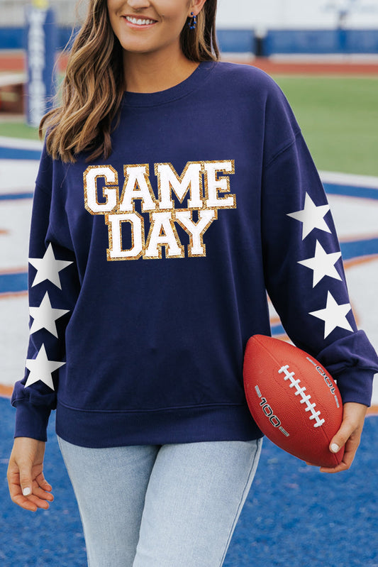 Navy Blue GAME DAY Printed Star Sleeve Crewneck Pullover Sweatshirt